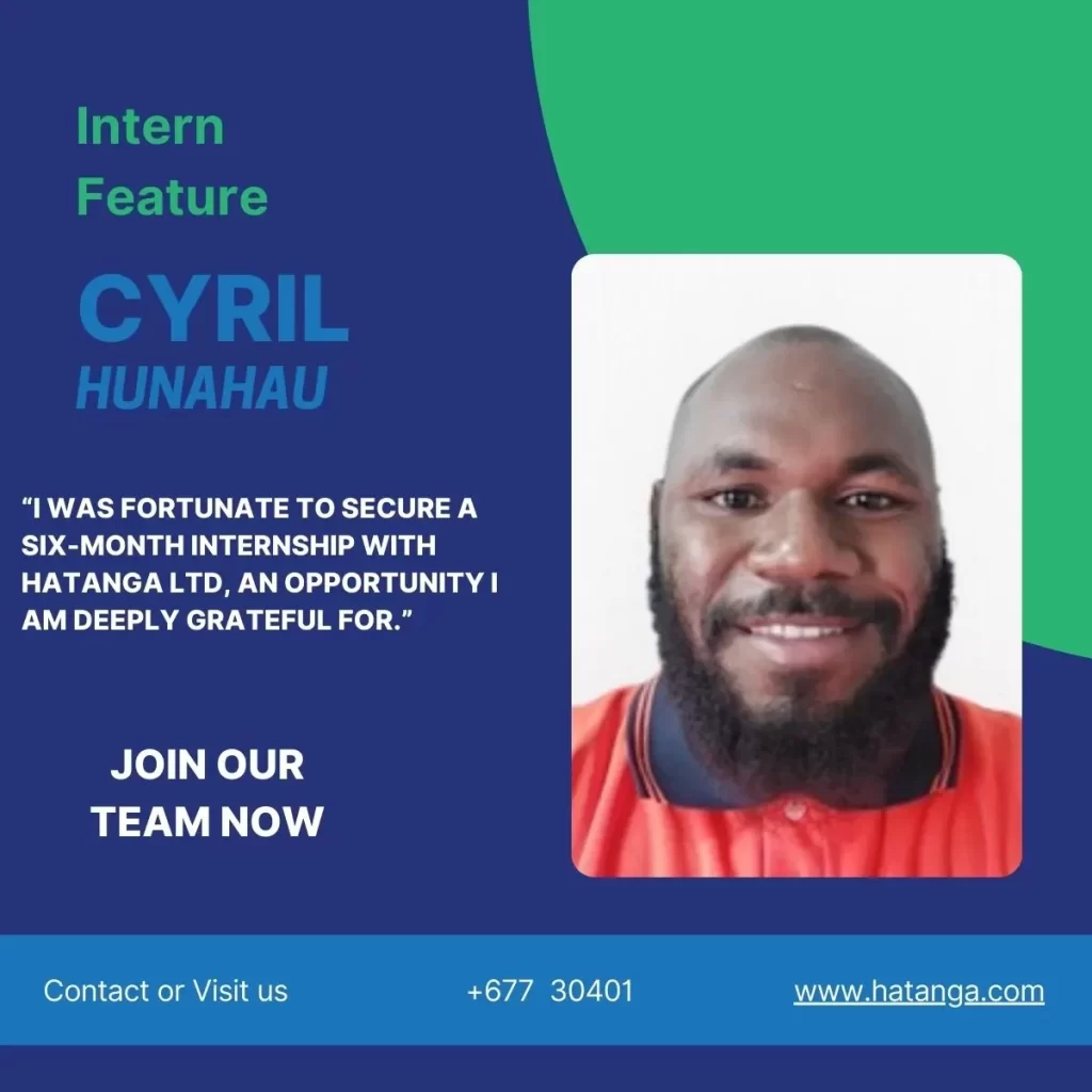 A man in an orange shirt smiles at the camera. The image promotes an internship feature for Cyril Hunahau at Hatanga Ltd, with a quote about his internship experience.